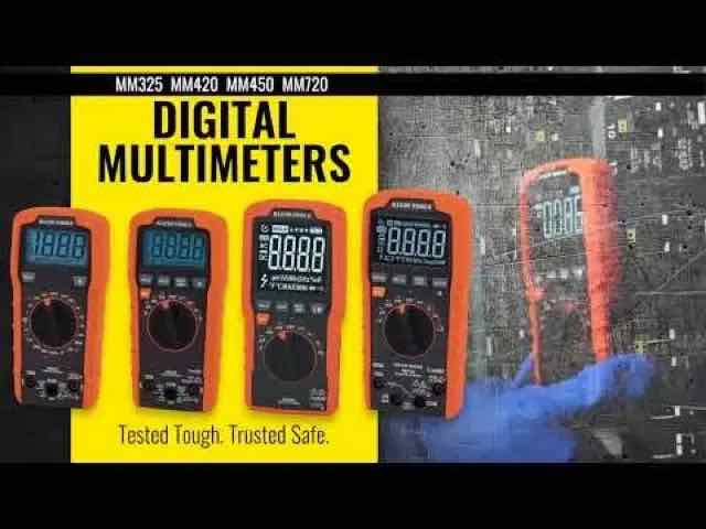 Promotional graphic showing four orange-and-black digital multimeters with the headline 'DIGITAL MULTIMETERS' and model numbers MM325, MM420, MM450 and MM720, plus the tagline 'Tested Tough. Trusted Safe.'